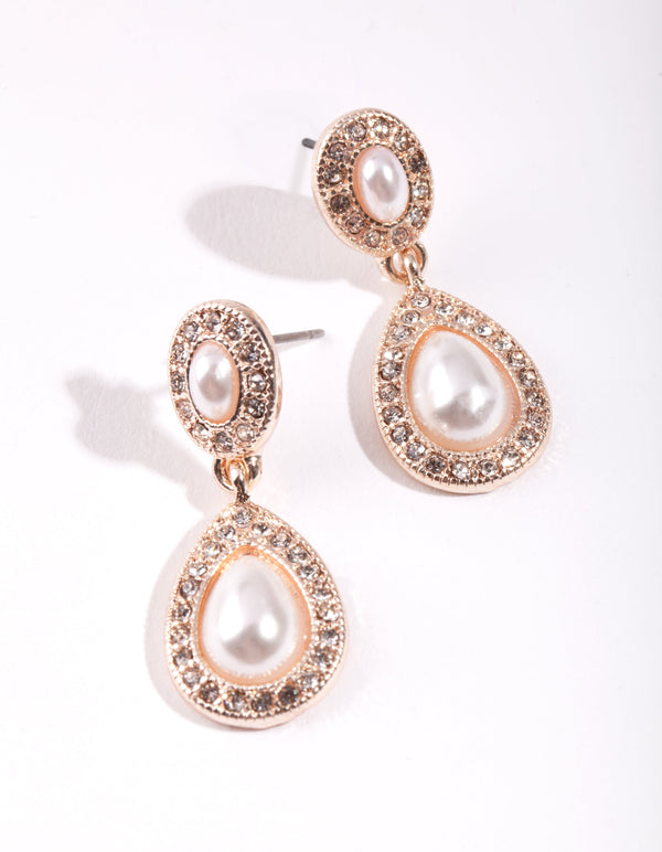 Rose Gold Mini Diamante & Pearl Double Teardrop Earrings