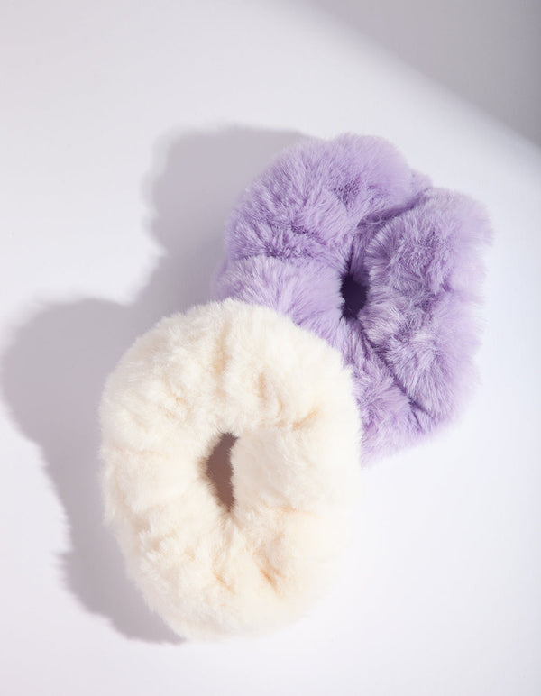 Purple White Faux Fur Scrunchie Pack