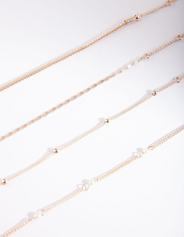 Chains Pearls Rose Gold Bracelet & Anklet 4 Pack