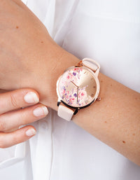 Pink Floral PU Strap Watch - link has visual effect only