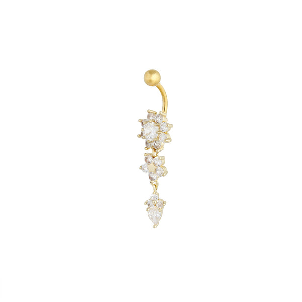 Gold Surgical Steel Cubic Zirconia Three Flower Belly Bar