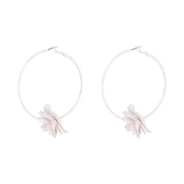 Silver Metal White Flower Hoop Earrings