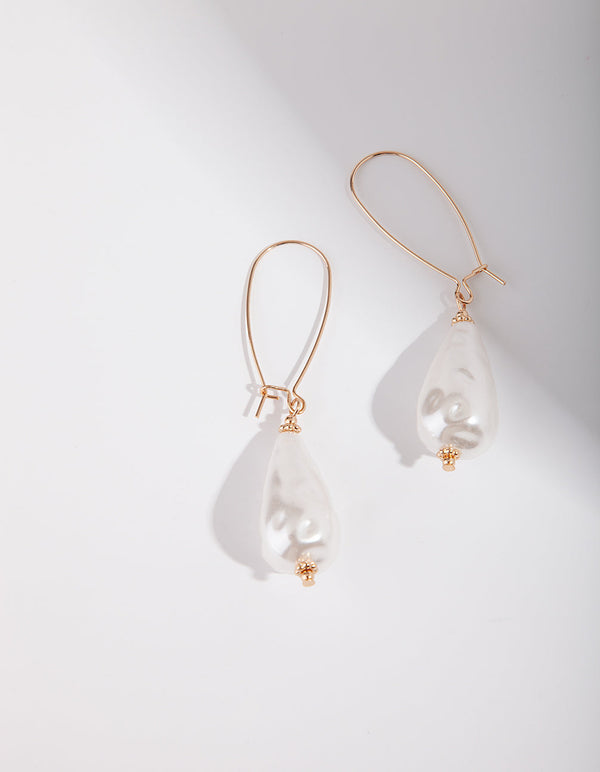 Gold Teardrop Pearl Hoop Earrings