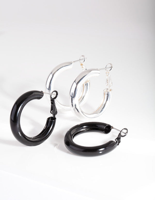 Black Silver Hoop Earrings Duo