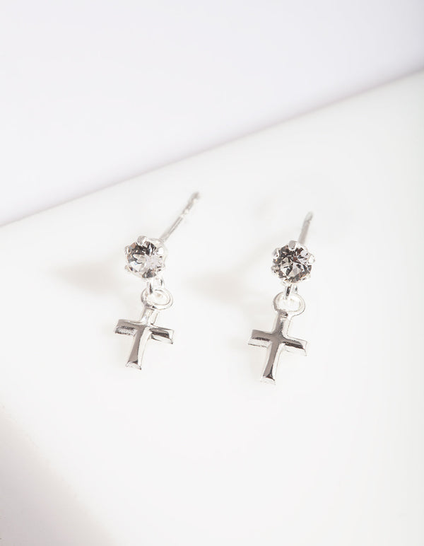 Sterling Silver Mini Cross Diamante Earrings