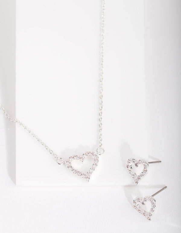 Silver Cubic Zirconia Heart Necklace & Earrings Set