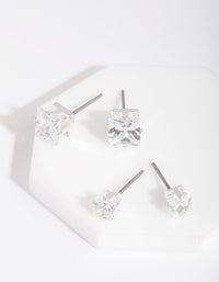 Silver Cubic Zirconia Square Stud Earring 2 Pack - link has visual effect only