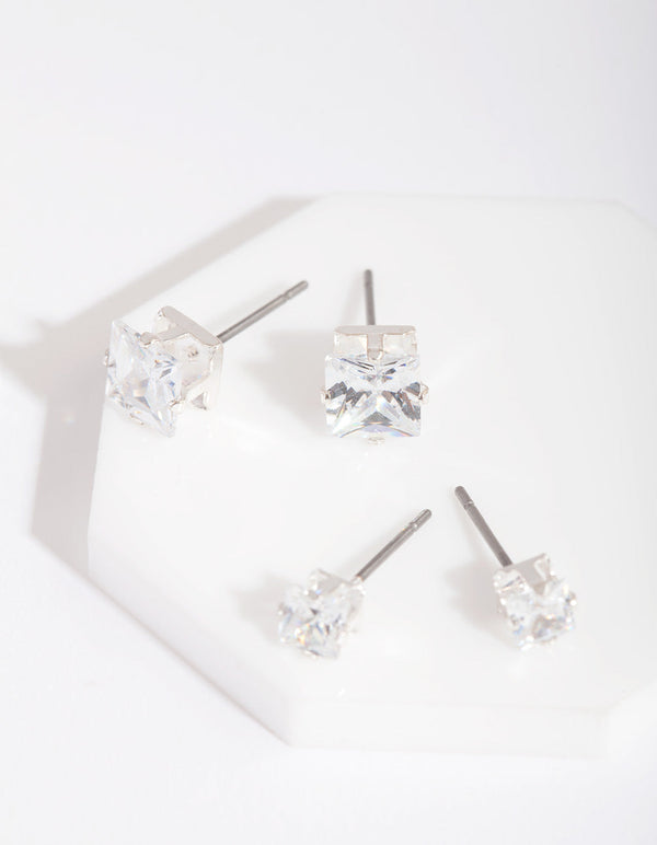 Silver Cubic Zirconia Square Stud Earring 2 Pack