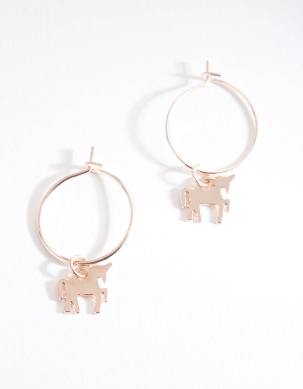 Rose Gold Unicorn Charm Hoop Earrings