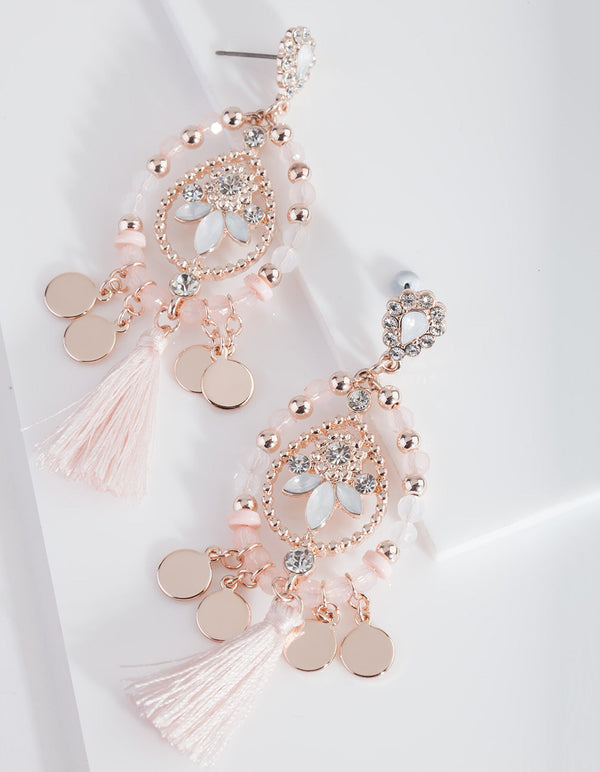 Rose Gold Pink Tassel Bead Earrings