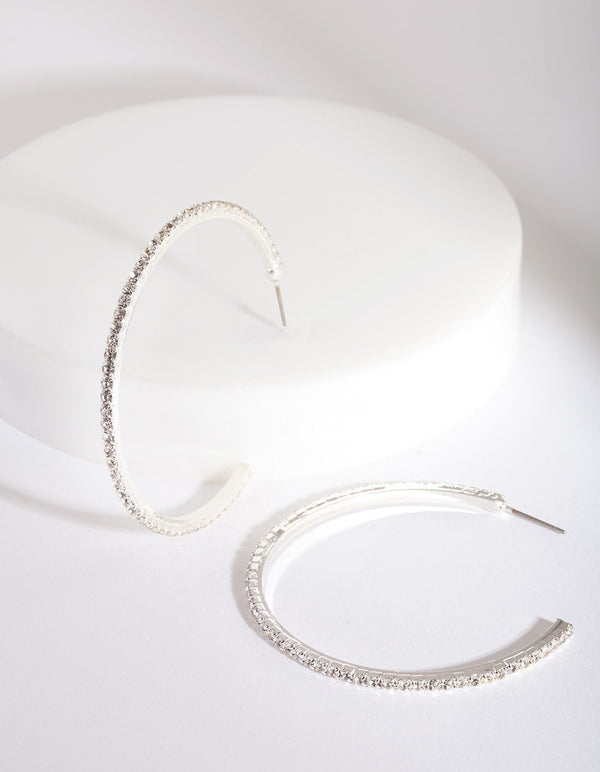Silver Fine Diamante Hoop Earrings