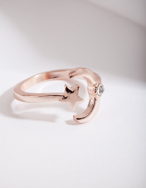 Rose Gold Open Moon Star Ring