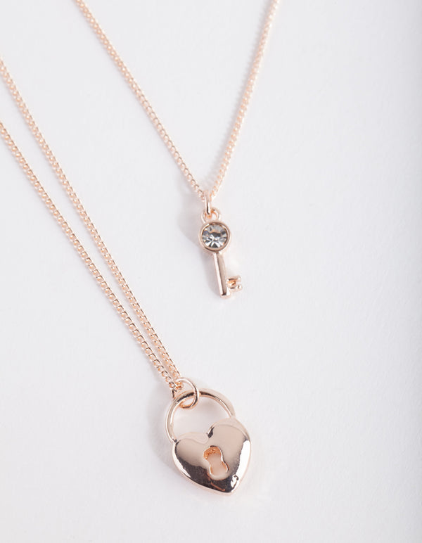 Rose Gold Lock Key Necklace Duo