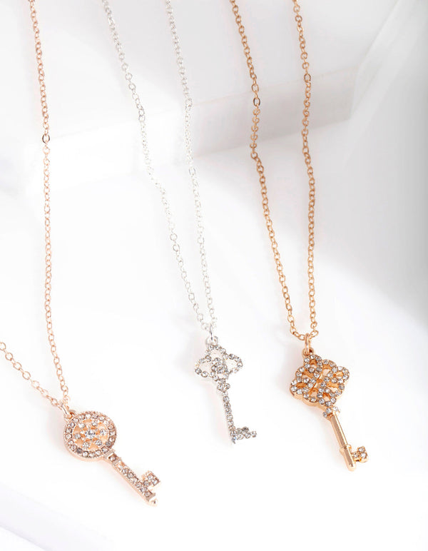 Mixed Metal Diamante Key Necklace Pack