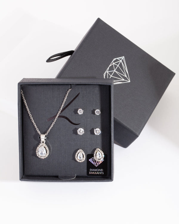 Diamond Simulant Pear Drop Earrings Necklace Set