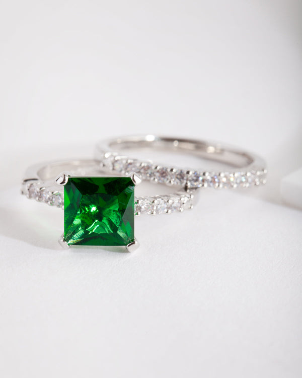 Square Emerald Cubic Zirconia Ring Set