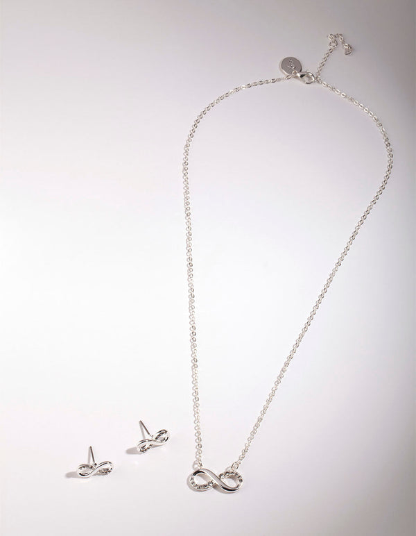 Silver Diamond Simulant Infinity Necklace & Earrings Set