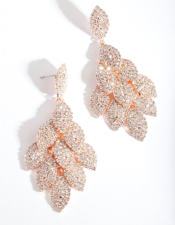 Rose Gold Diamante Multi Leaf Earrings