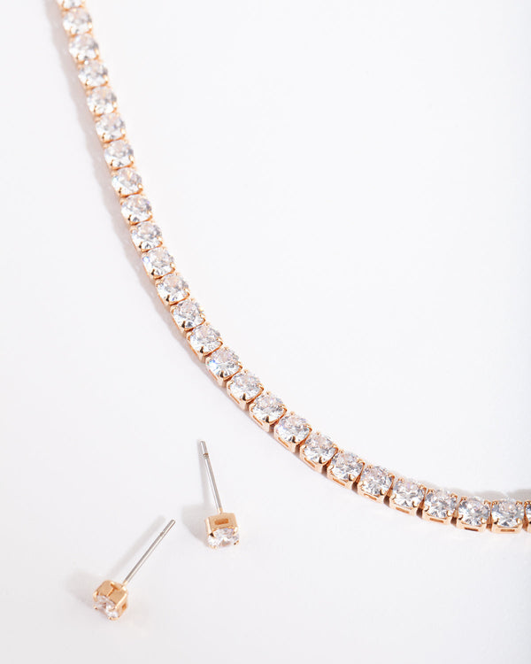 Gold Cubic Zirconia Diamante Necklace Earrings Set