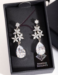 Rhodium Diamond Simulant Flower Teardrop Earrings - link has visual effect only
