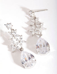 Rhodium Diamond Simulant Flower Teardrop Earrings - link has visual effect only