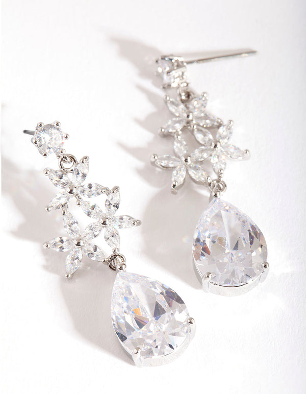 Rhodium Diamond Simulant Flower Teardrop Earrings