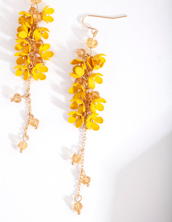 Gold Yellow Flower Cluster Drop Earrings