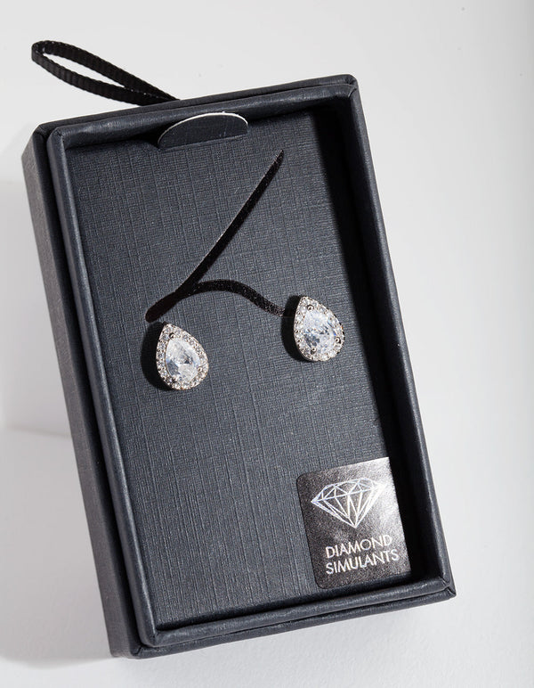Diamond Simulant Halo Pear Stud Earrings