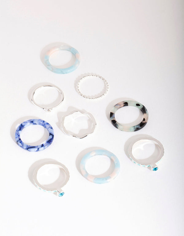 Silver Blue Marble Ring 8-Pack