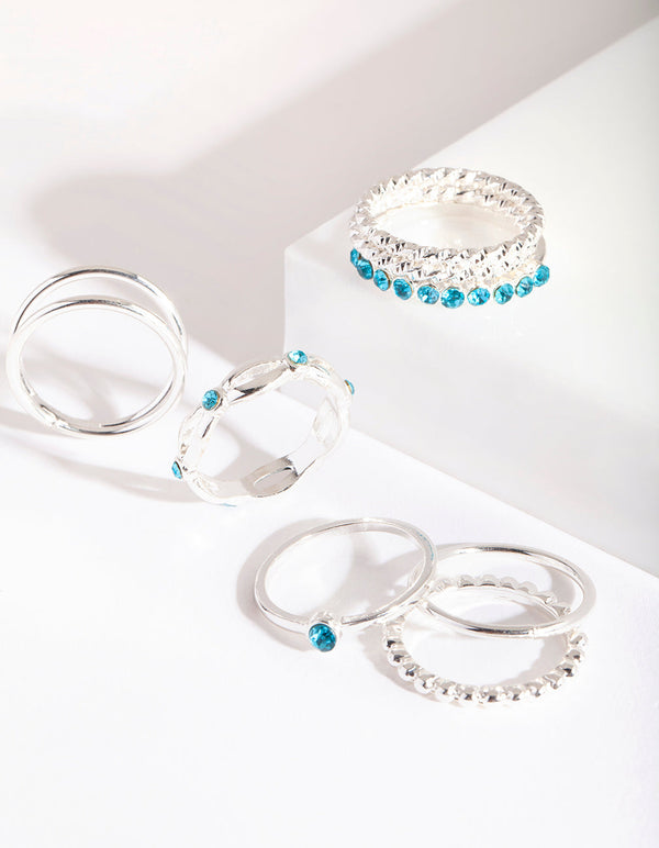 Silver Blue Diamante Ring 8-Pack