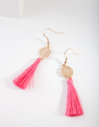 Gold Disc Pink  Tassel Drop Earrings - link has visual effect only