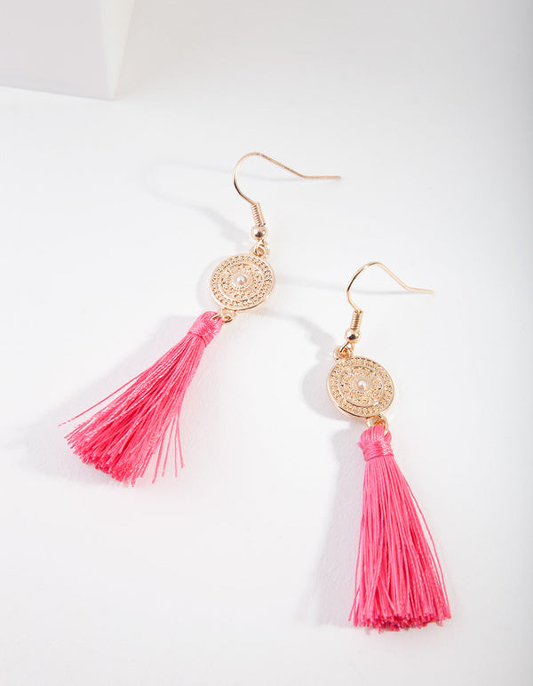 Gold Disc Pink  Tassel Drop Earrings