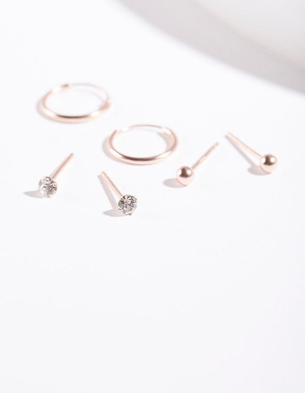 Rose Gold Plated Sterling Silver Diamante Ball & Hoop Earring Pack