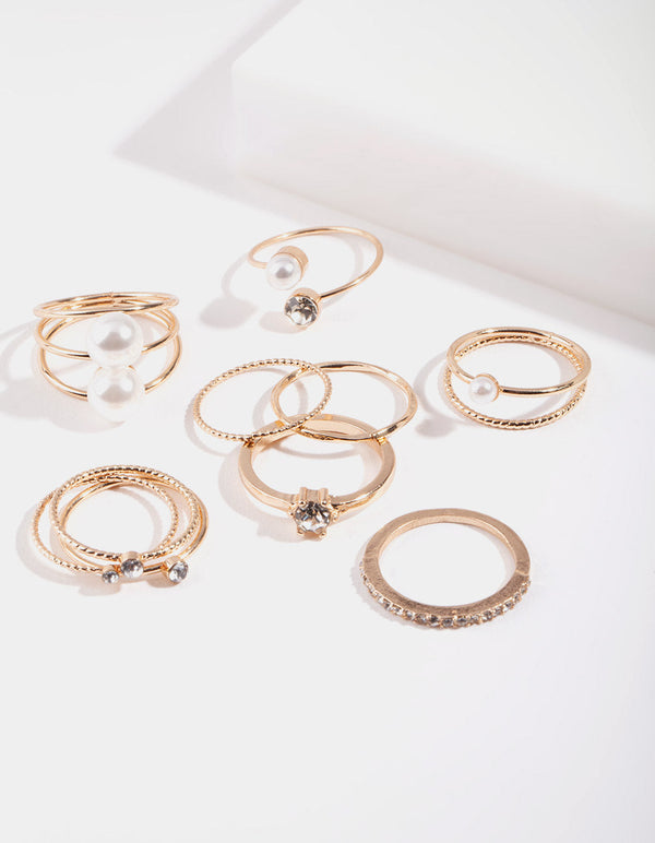 Gold Pearl Diamante Ring 4-Pack