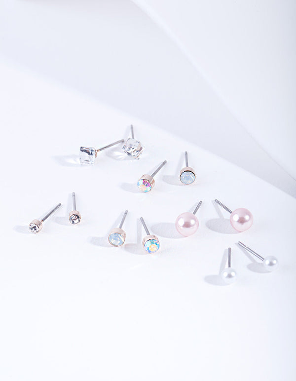 Kids Rose Gold Diamante Pearl Stud Earring 6-Pack