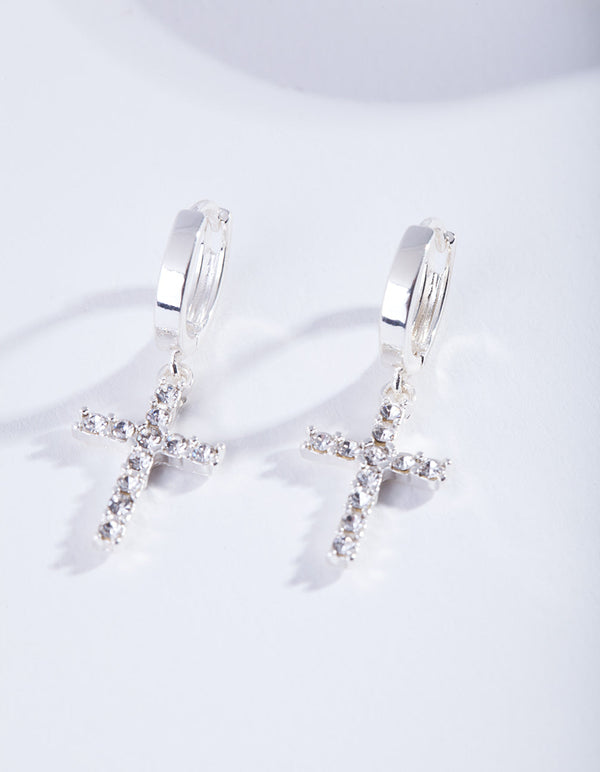 Silver Diamante Cross Huggie Earrings