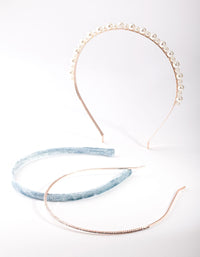 Rose Gold Pearl Blue Velvet Headband Pack - link has visual effect only