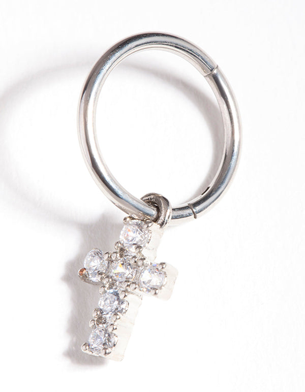 Rhodium Surgical Steel Cubic Zirconia Cross Charm Belly Ring