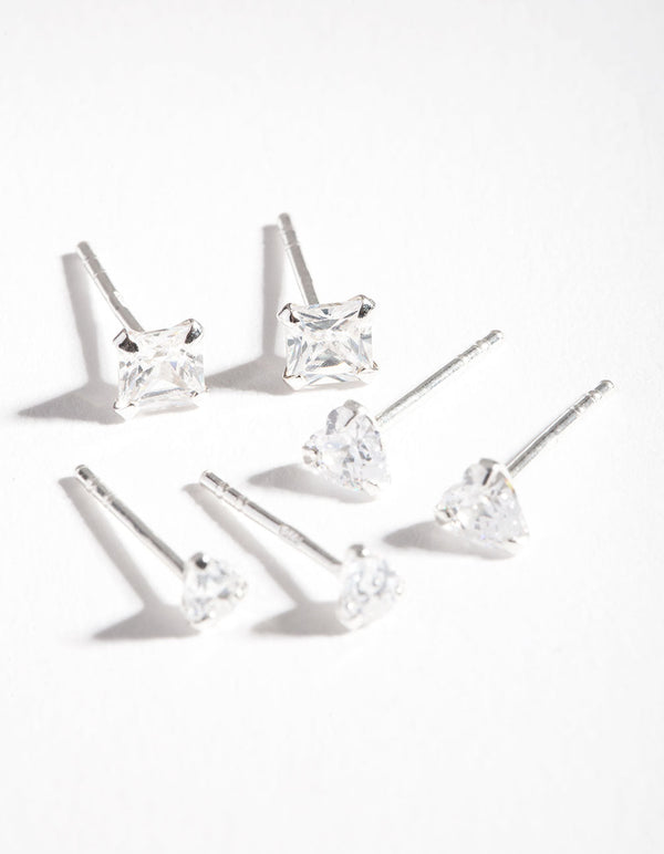 Sterling Silver Mix Cut Cubic Zirconia Stud Earring Pack