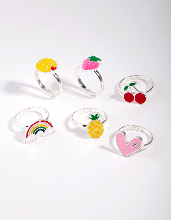 Kids Silver Fruity Rainbow Ring 6-Pack
