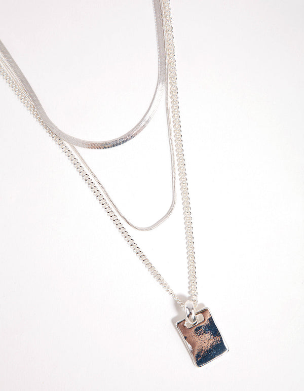 Silver Plated Multi-Row Square Pendant Necklace