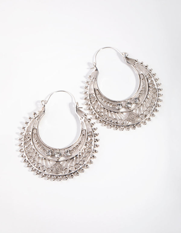 Antique Silver Hoop Chandbali Earrings