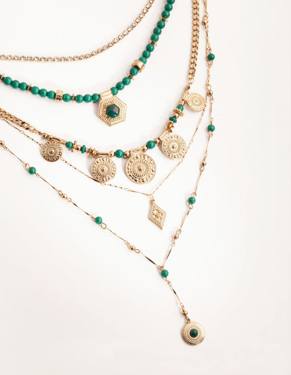 Midnight Antique Gold Pendant Bead 6-Row Necklace