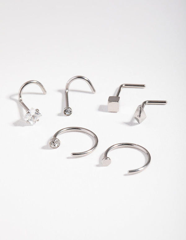 Surgical Steel Rhodium Geometric Nose Ring 6-Pack