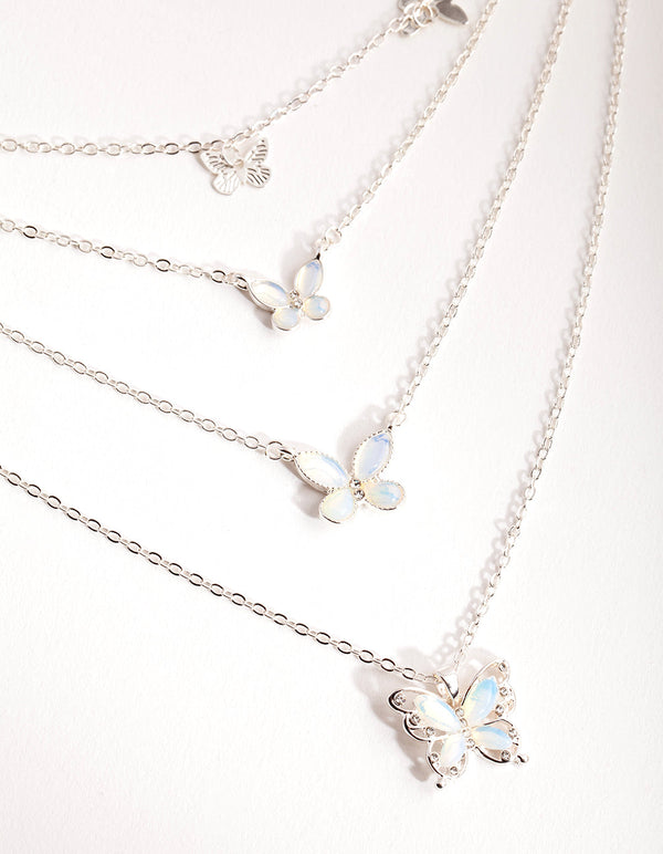 Silver Catseye Butterfly 4-Row Necklace