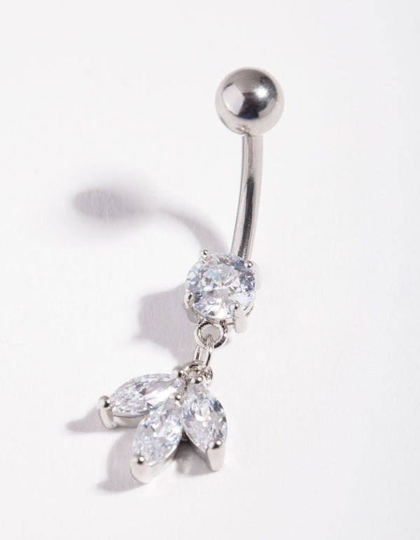 Rhodium Surgical Steel Cubic Zirconia Marquise Dangle Bellybutton Ring