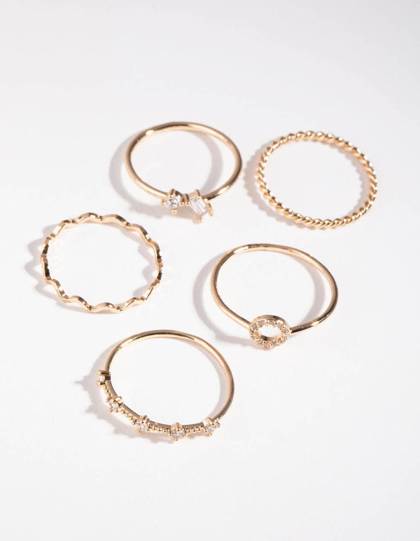 Gold Cubic Zirconia Geometric Mix Rings 5-Pack