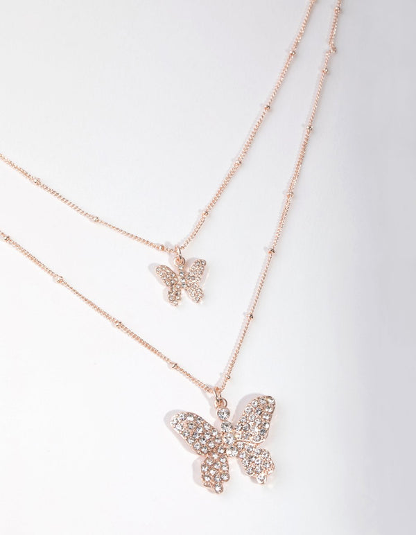 Rose Gold Pave Butterfly 2-Row Necklace