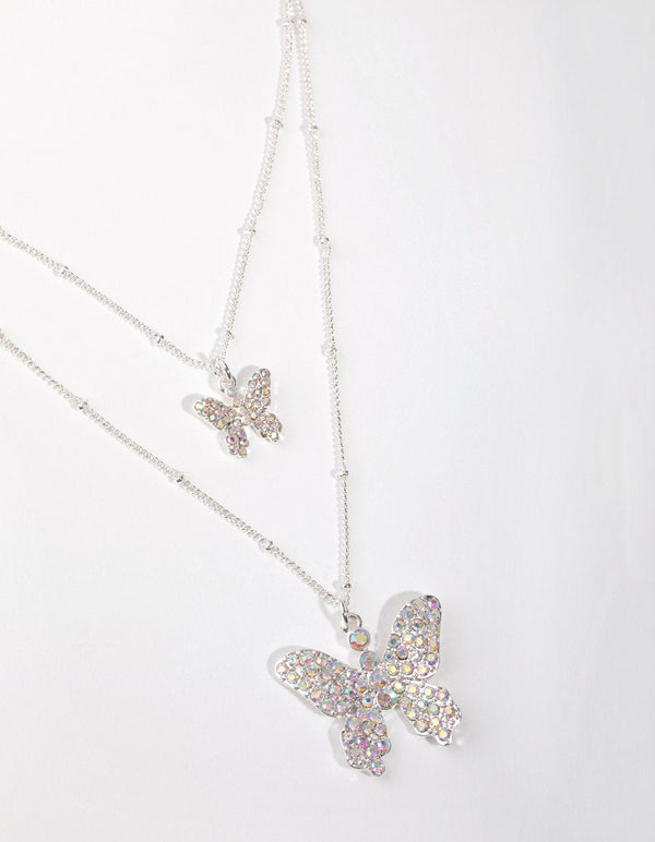 Silver Pave Butterfly 2-Row Necklace