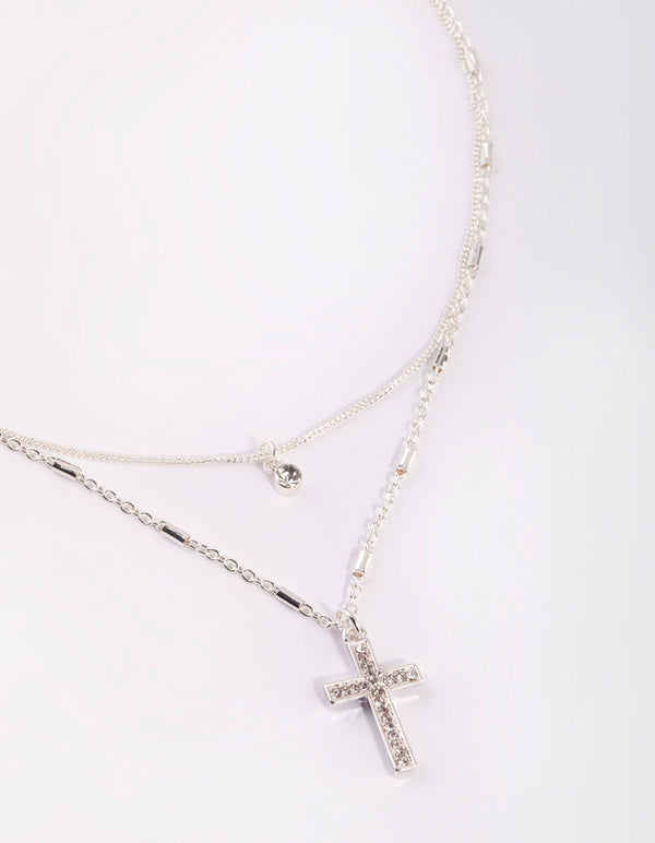 Silver Short Diamante Cross 2-Row Necklace